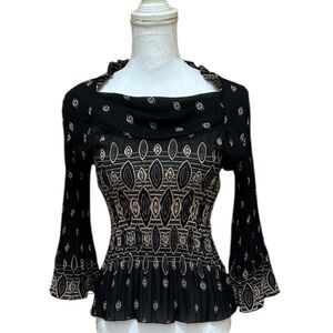 Nicola Y2K Women’s Black & Gold Geometric Print Witchy 3/4 Sleeve Pleated Top S